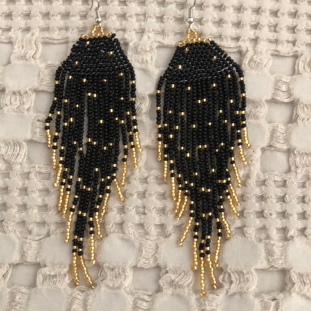 Dangle Seed Bead Black Gold Earrings Mid Century Modernist Boho.